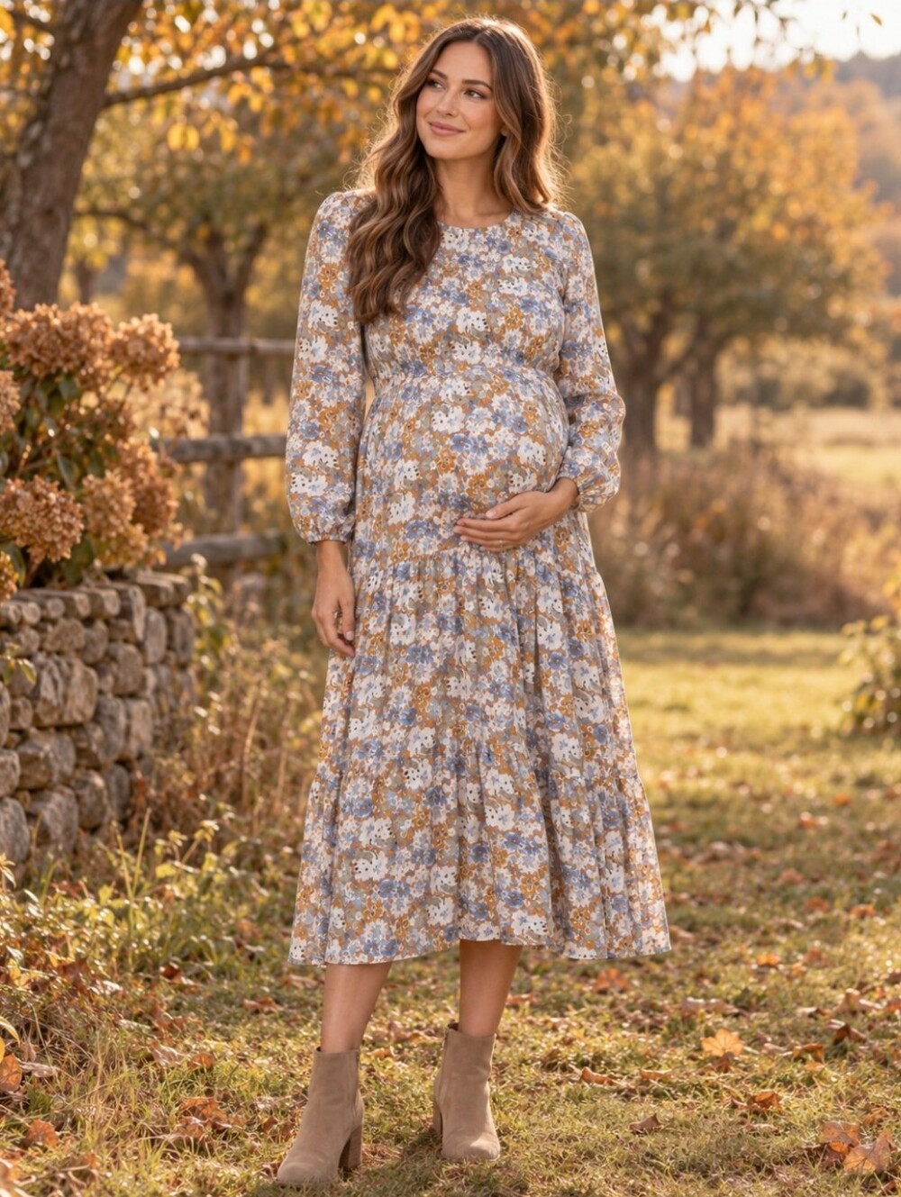 Pinkblush Floral Maternity Tiered Midi Dress in Blue & Mustard | M